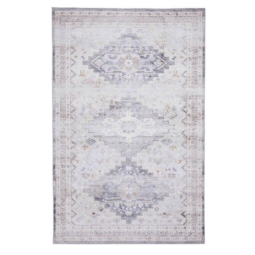 Topaz H1265 Traditional Vintage Distressed Medallion Border Lightweight Printed Chenille Polyester Flatweave Soft Grey/Charcoal Grey/Stone Beige/Ivory/Taupe/Faded Gold Rug-Think Rugs-Rug Love - The Most Loved Rug Store